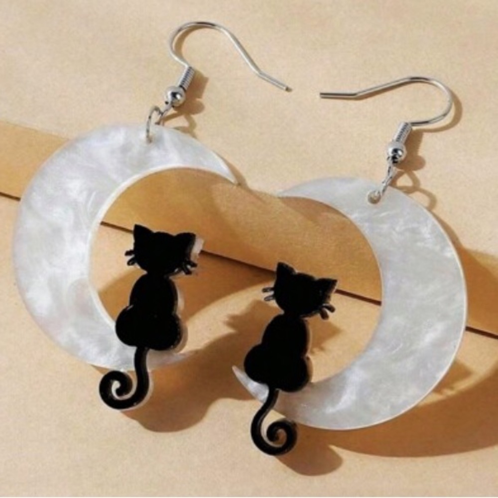 🐈‍⬛  Black Cat & Crescent Moon Pendant Earrings❗️ Bohemian Style Earrings❗️